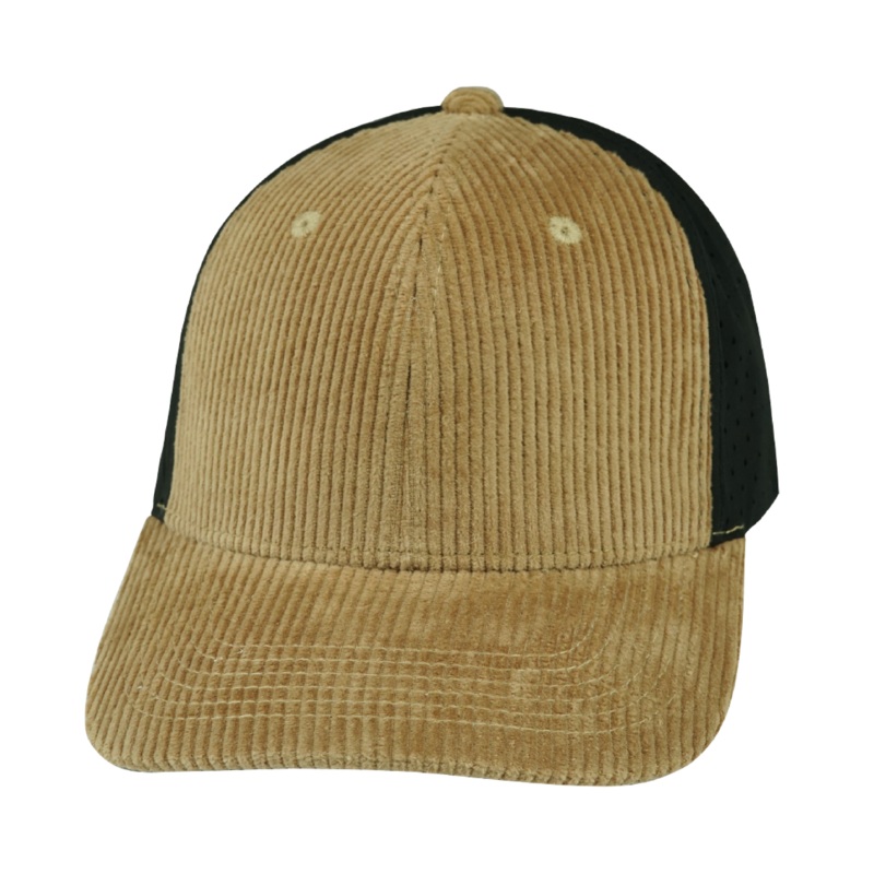 Blank – 6 Panel – Corduroy – Tan / Black (Unisex) – Laser Mesh