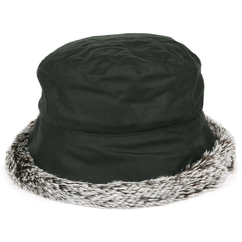 Failsworth Hats British Waxed Cotton Faux Fur Trim Bucket Hat – Olive 1-Size