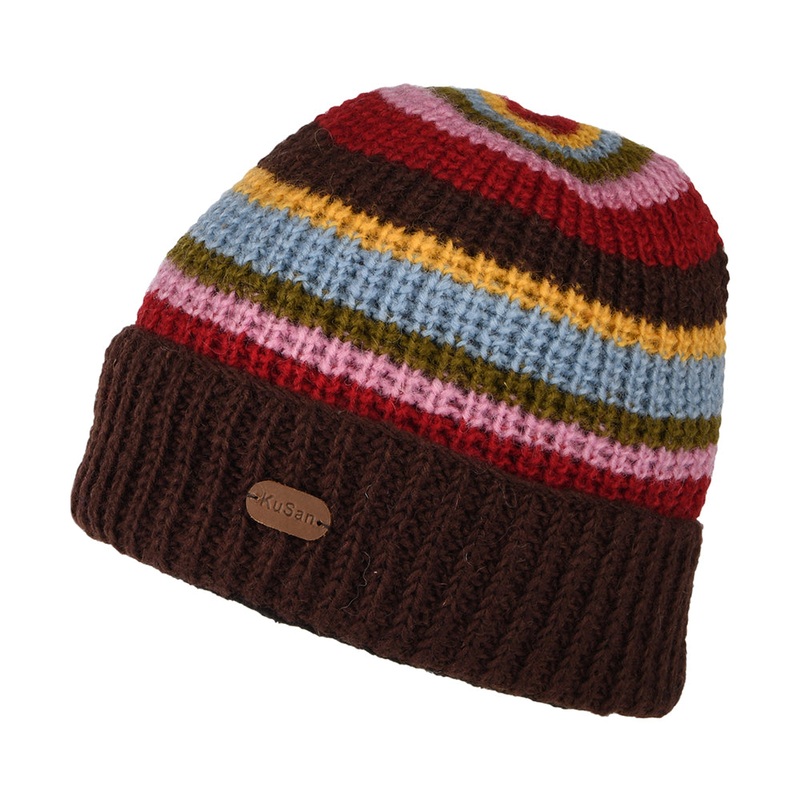 Kusan Cardi Rib Turn up Beanie Hat – Brown-Red-Blue 1-Size