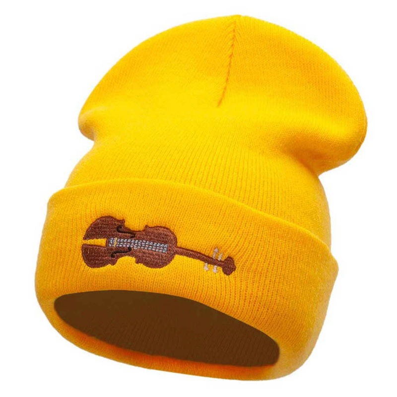 Violin Embroidered 12 Inch Long Knitted Beanie Yellow One Size