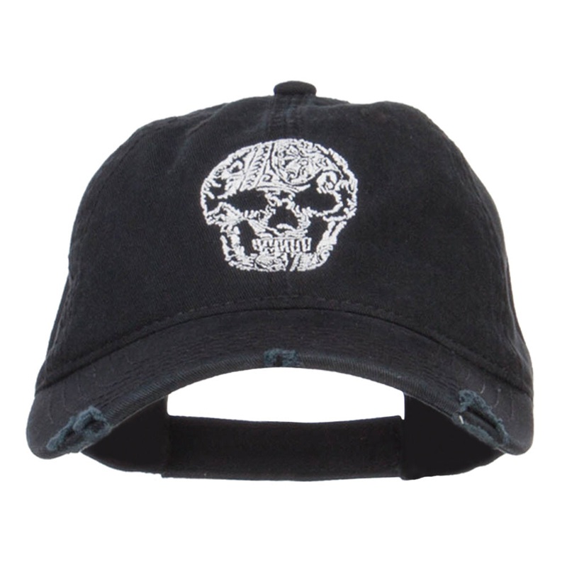 Day of the Dead Skull Embroidered Frayed Cap Black One Size
