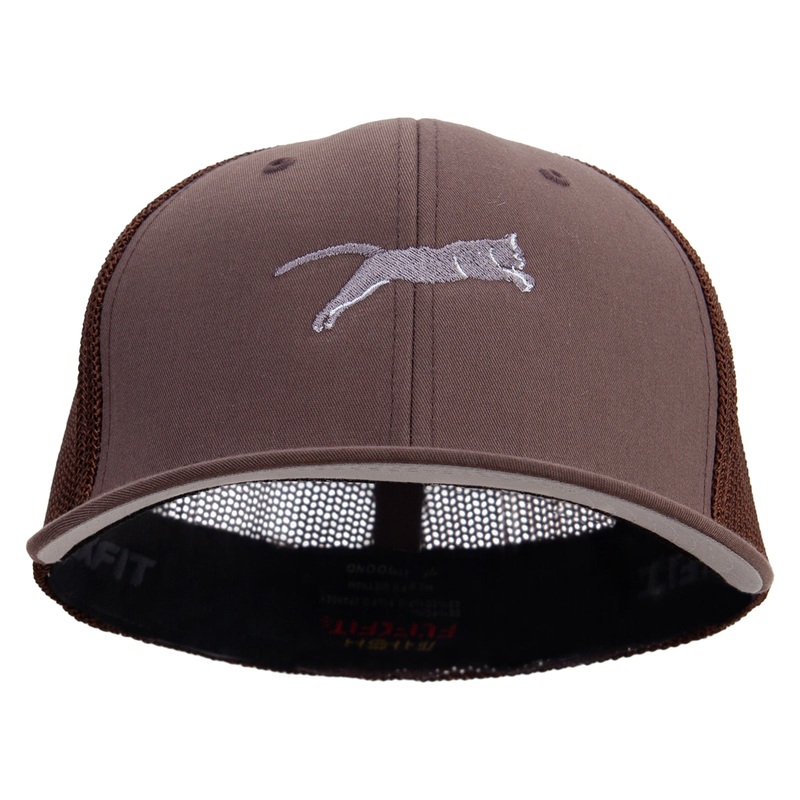 Jumping Cat Icon Embroidered 6 Panel Trucker Flexfit Cap Brown One Size