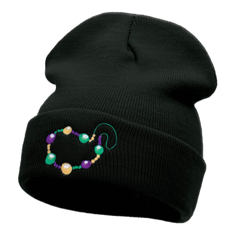 Mardi Gras Beads Embroidered Long Beanie Black One Size