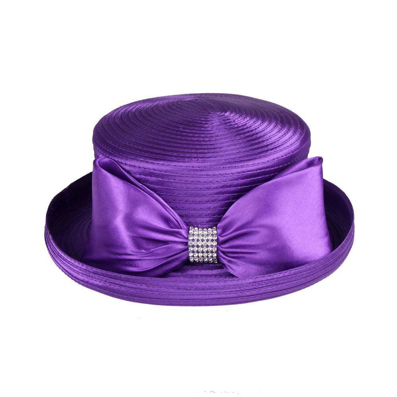 Satin Braid Bowler Style Church Hat with Bow and Rhinestone Loop Purple