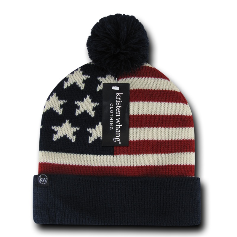 US Flag Knit Beanie, USA American Flag Knit Cap with Pom Pom Navy/Red/White