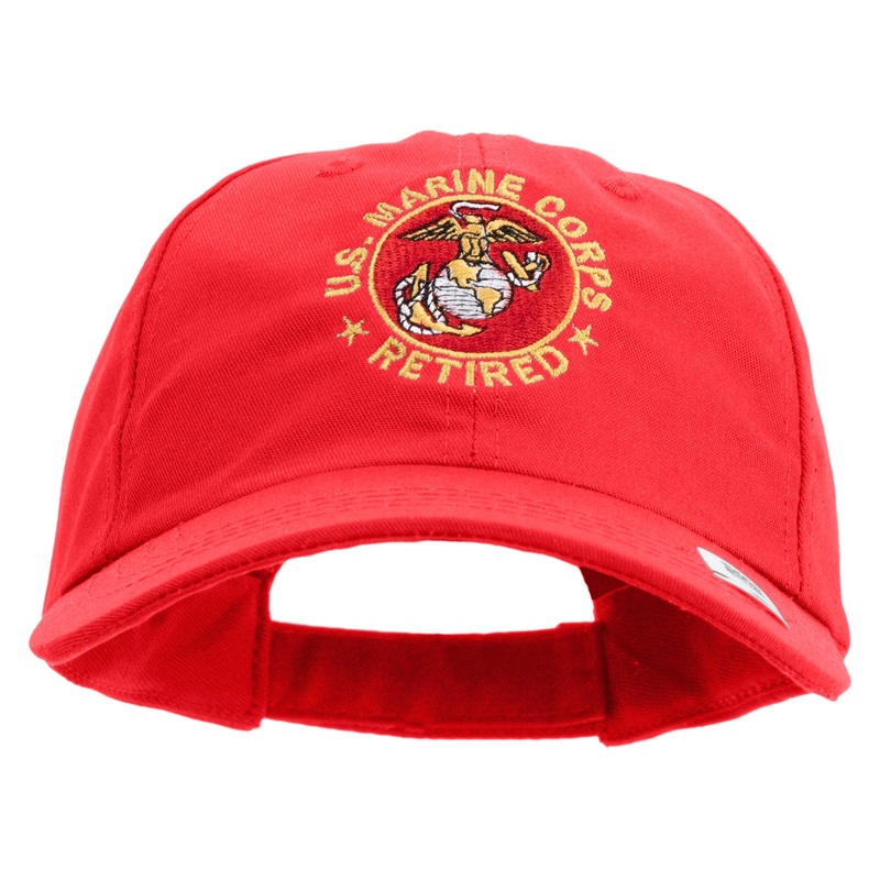 US Marine Corps Retired Emblem Embroidered 6 Panel Unstructured Cotton Twill Cap Made in USA Red One Size