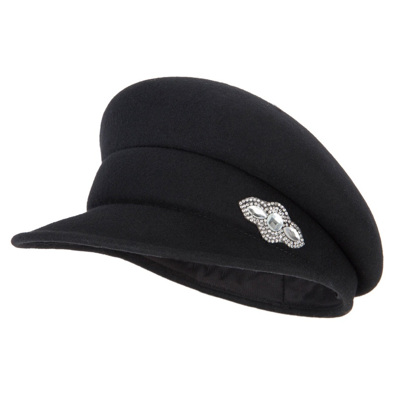 Women’s Rhinestone Accent Wide Band Wool Felt Newsboy Cap Black One Size