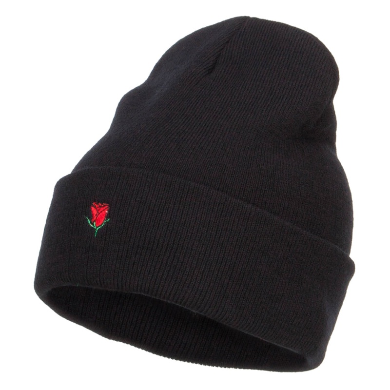 Mini Rose Embroidered Long Beanie Black One Size