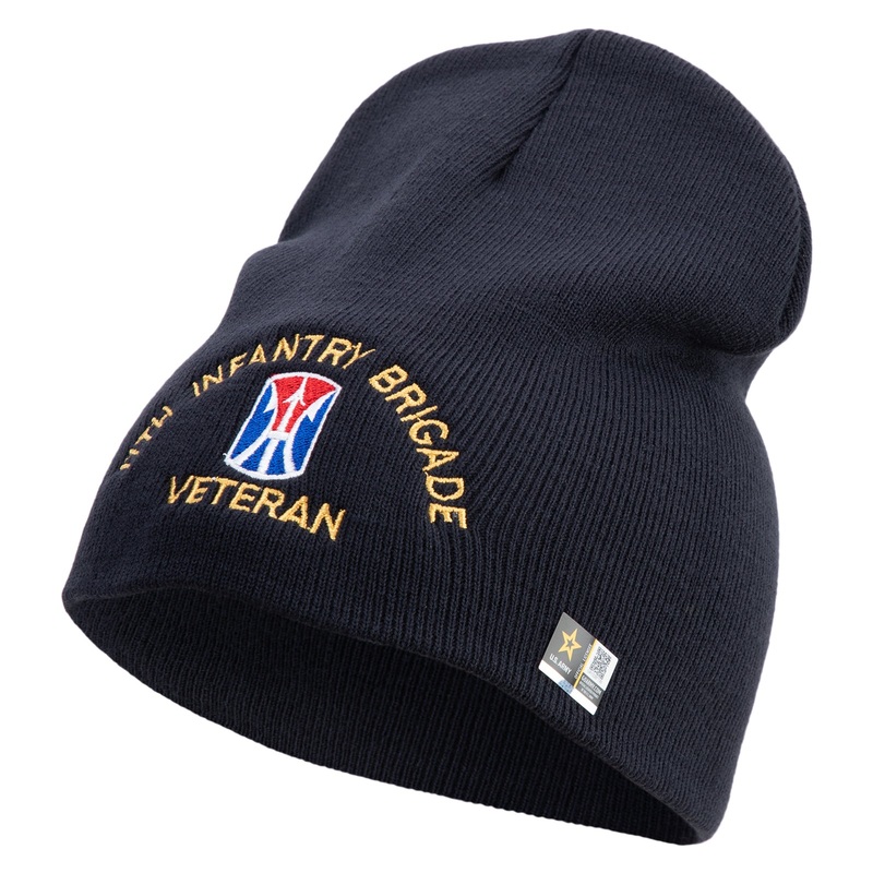 U.S. Army 11th Infantry Brigade Symbol Embroidered 8 Inch Solid Knit Short Beanie Made in USA Navy One Size