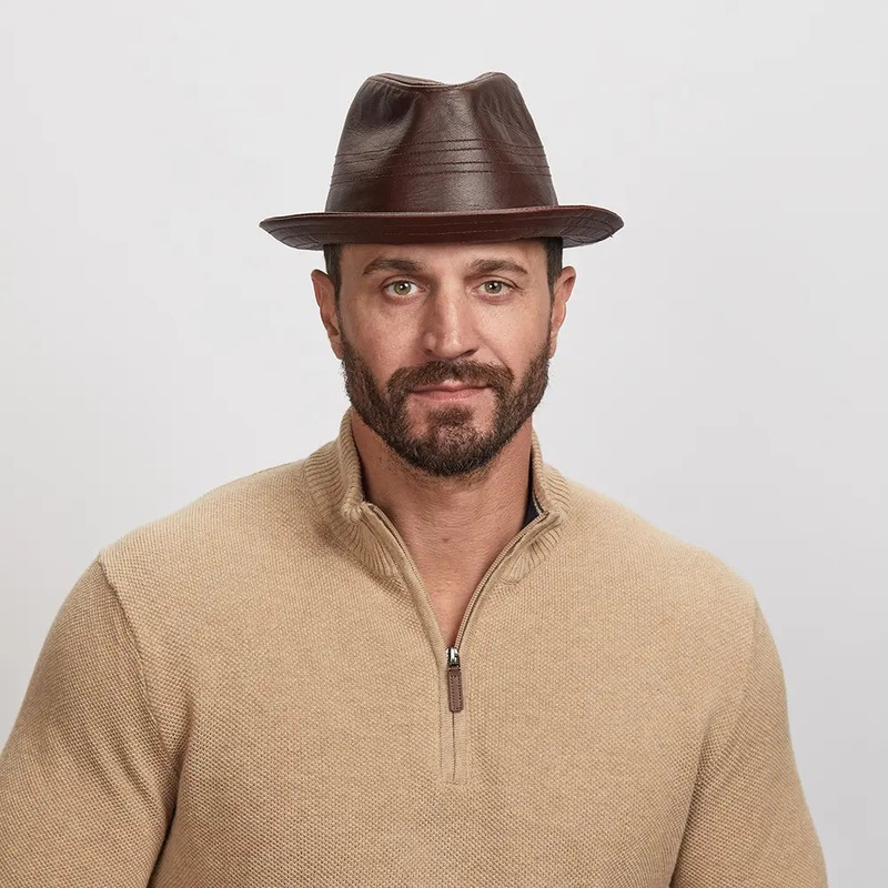 Balboa | Mens Leather Fedora Hat Brown MD