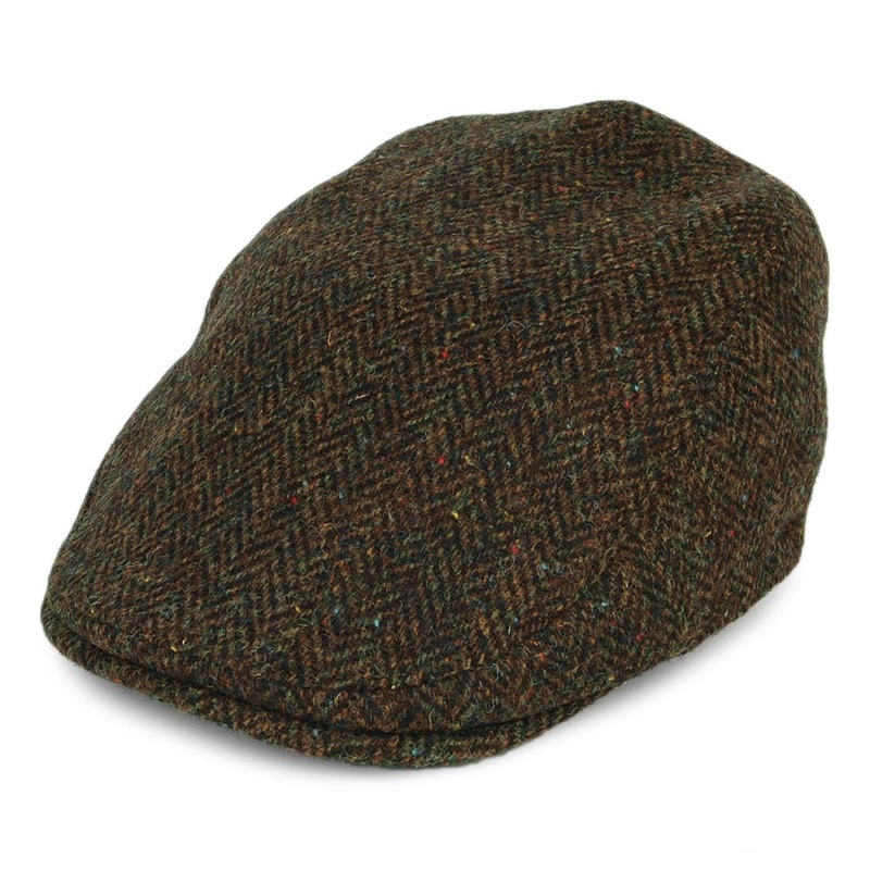 Failsworth Hats HARRIS TWEED Herringbone Oban Flat Cap with Earflaps – Olive 55