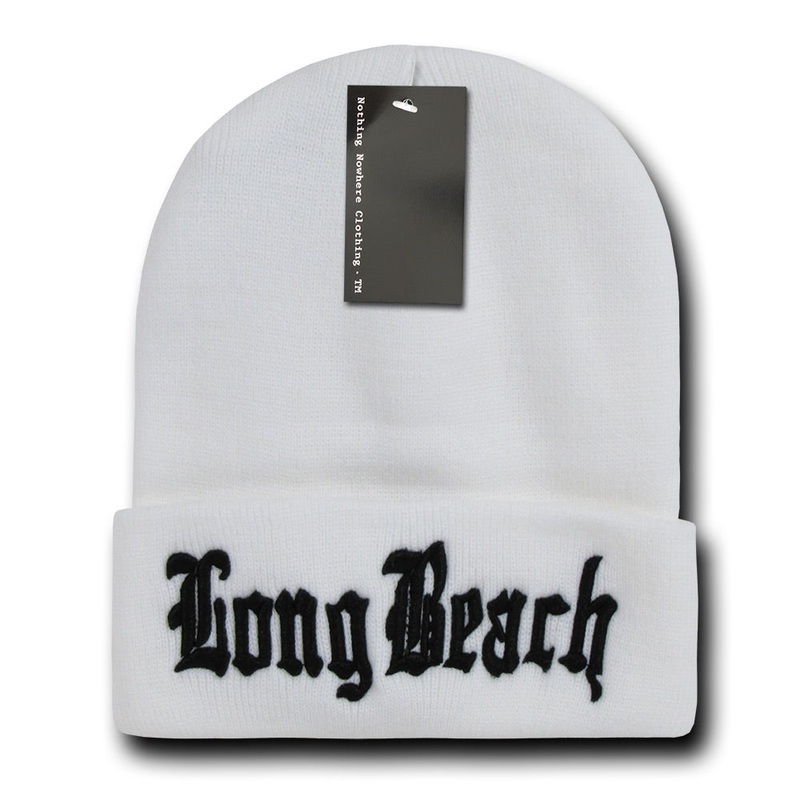 Long Beach City Beanie Knit Cap, White/Black White/Black
