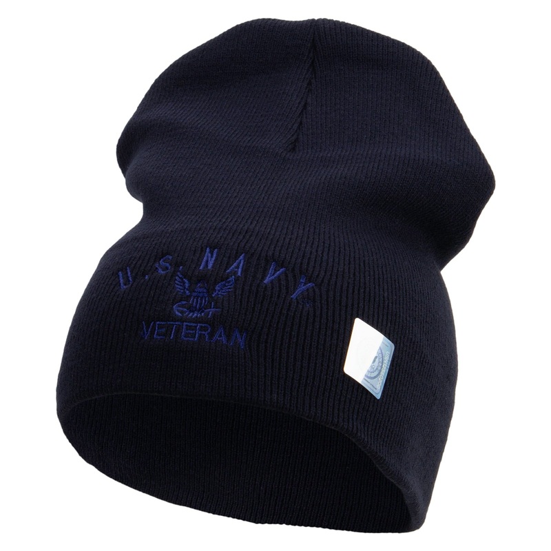 Made in USA Eagle Navy Veteran Symbol Embroidered 8 Inch Solid Knit Short Beanie Black One Size