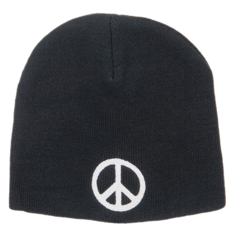Peace Symbol Embroidered Short Beanie Black One Size