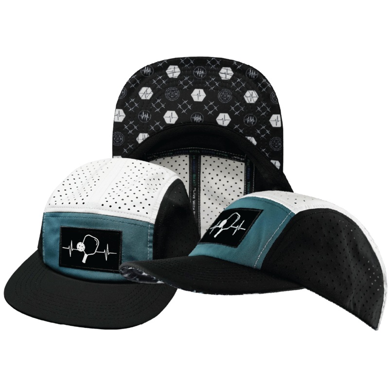 Pickleball Hat – 5 Panel – Black / Slate Green / White – Laser Mesh