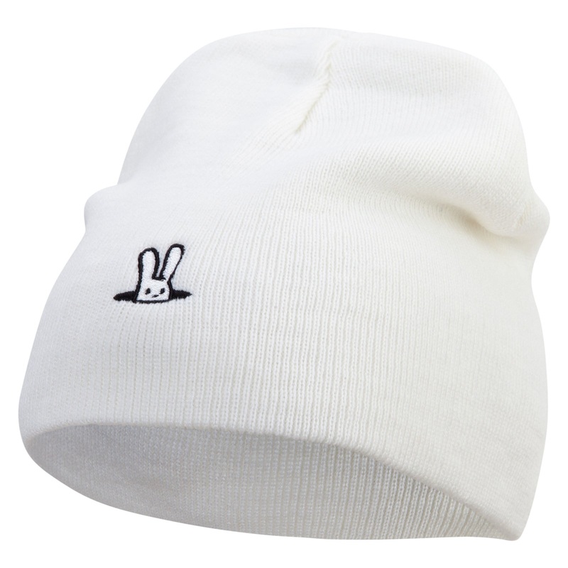 Rabbit Embroidered 8 Inch Knitted Short Beanie White One Size