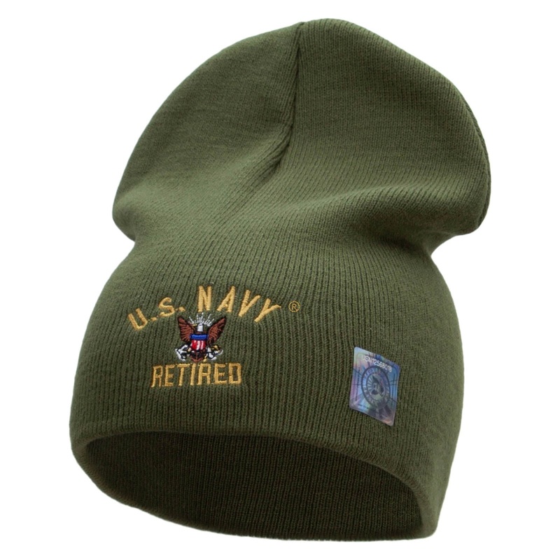 US Navy Retired Embroidered Short Beanie Made in USA Olive One Size