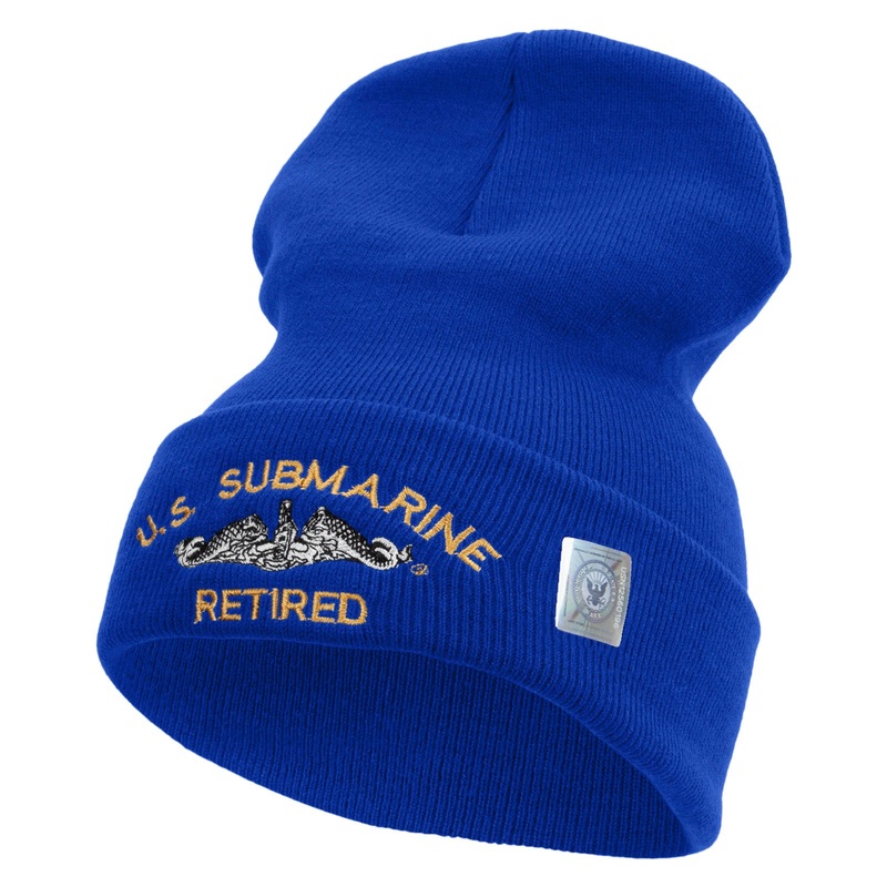 Made in USA US Submarine Retired Logo Embroidered 12 Inch Solid Knit Cuff Long Beanie Royal Blue One Size