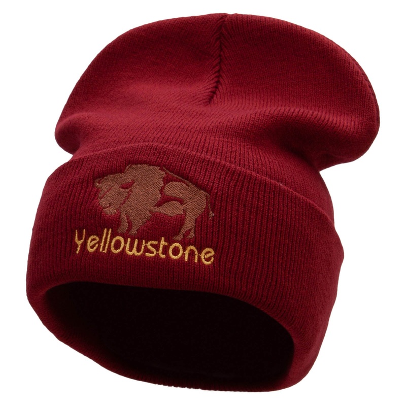 Yellowstone Big Buffalo Embroidered 12 Inch Long Knitted Beanie Maroon One Size