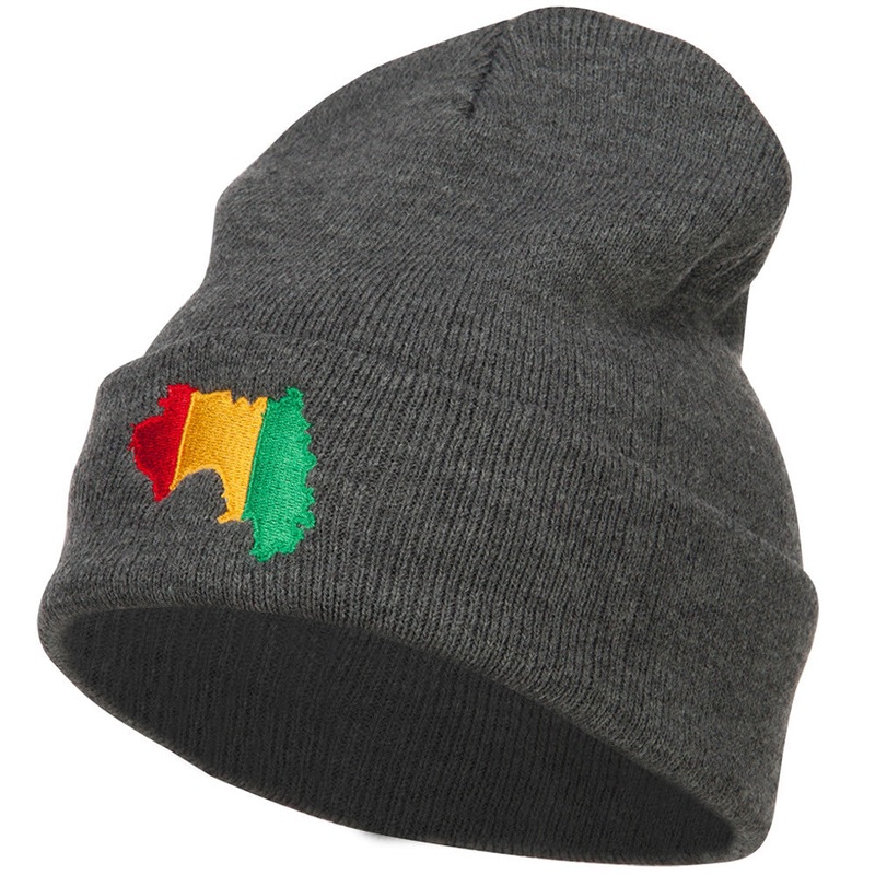 Guinea Flag Map Embroidered Long Beanie Dk Grey One Size