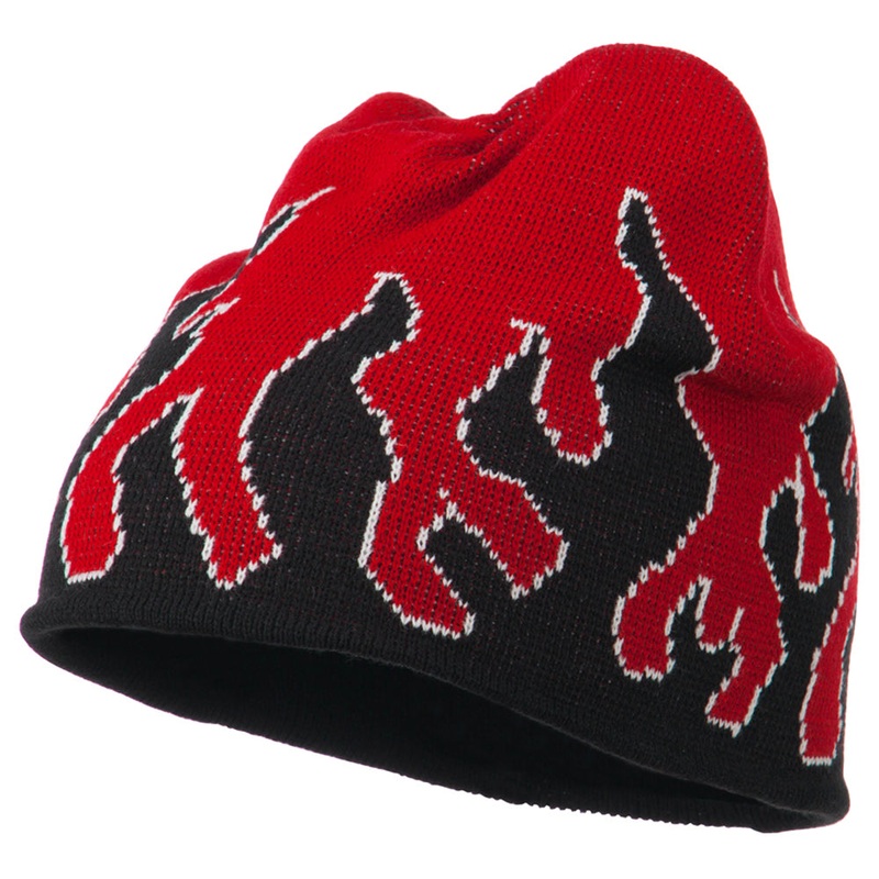 Knit Beanie with Flames Red Black Gold One Size