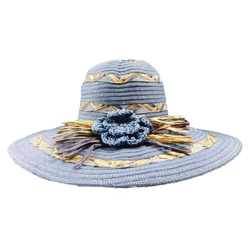 Metallic Blue Floppy Hat with Crochet Flower