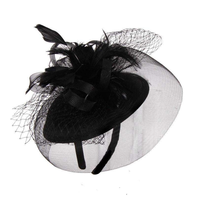 Satin Fascinator with Feather and Netting Black