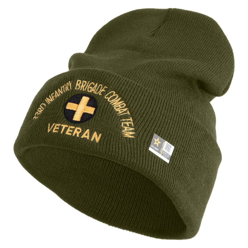 U.S. Army 33rd Infantry Brigade Combat Team Logo Embroidered 12 Inch Solid Knit Cuff Long Beanie Made in USA Olive One Size