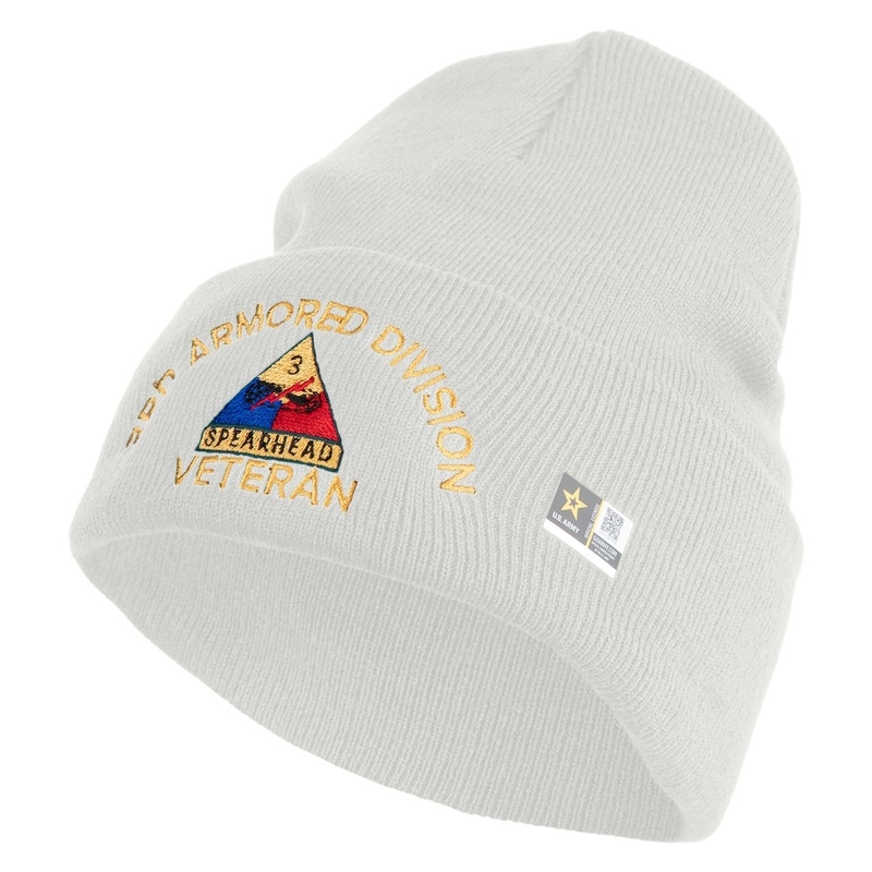 U.S. Army 3rd Armored Division Logo Embroidered 12 Inch Solid Knit Cuff Long Beanie Made in USA White One Size