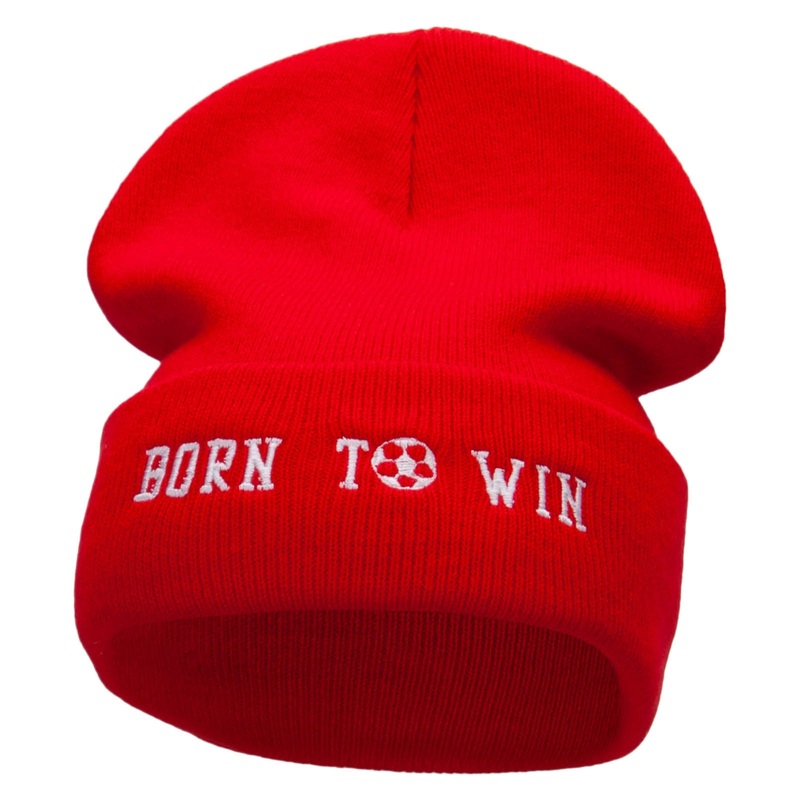 Born To Win Soccer Embroidered 12 Inch Long Knitted Beanie Red One Size
