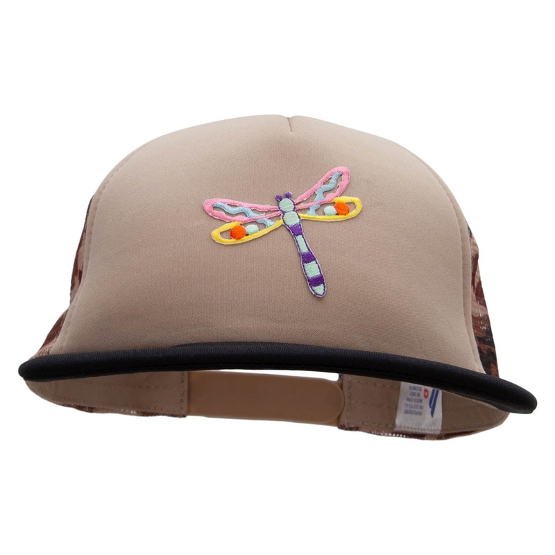Cut out Pastel Dragonfly Patched Flat Bill Foam Camo Mesh Trucker Cap Khaki Desert One Size