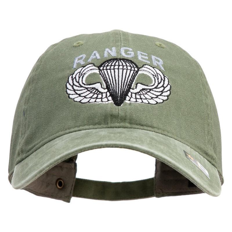 U.S. Army Paratrooper and Ranger Badge Embroidered Washed Solid Pigment Dyed Cotton Twill Brass Buckle Cap Olive One Size