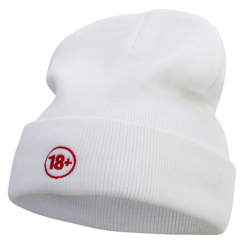 18 Plus Adult Symbol Embroidered 12 Inch Long Knitted Beanie White One Size
