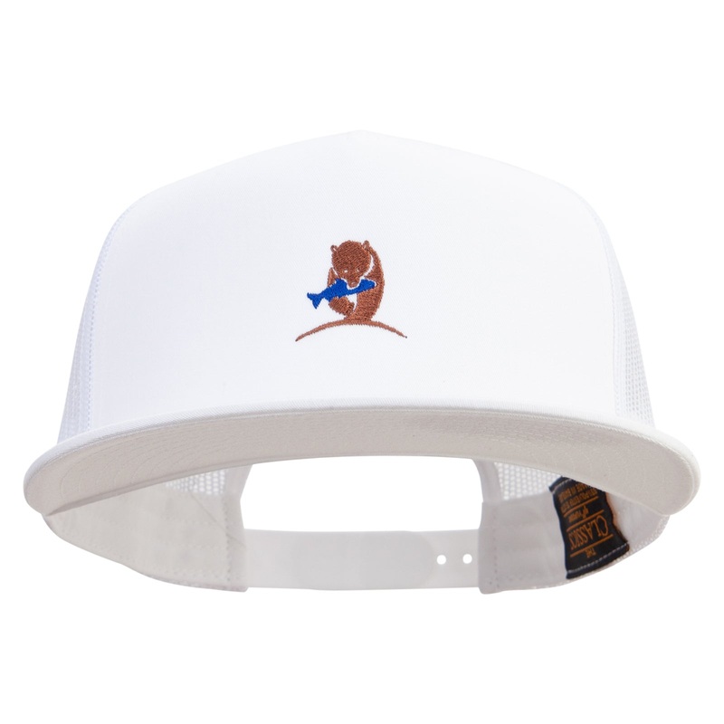 Bear Caught Fish Embroidered 5 Panel Mesh Trucker Snapback Cap White One Size