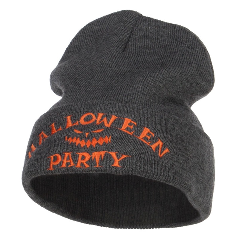 Halloween Party Embroidered Long Beanie Dk Grey One Size