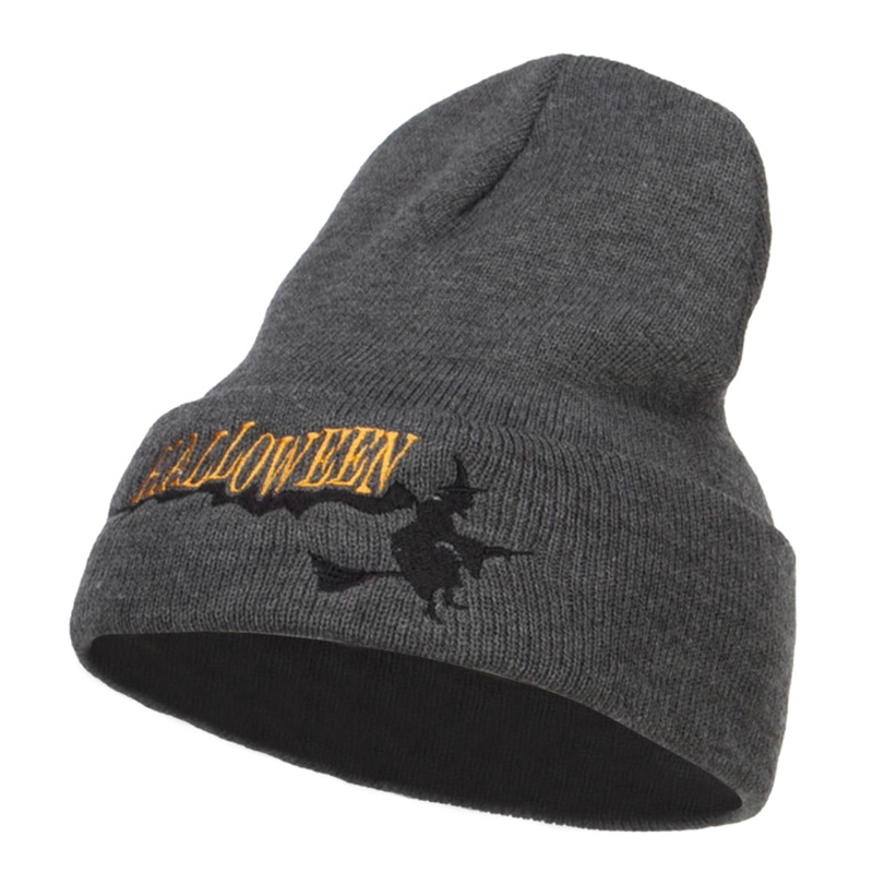 Halloween Witch Embroidered Long Beanie Dk Grey One Size