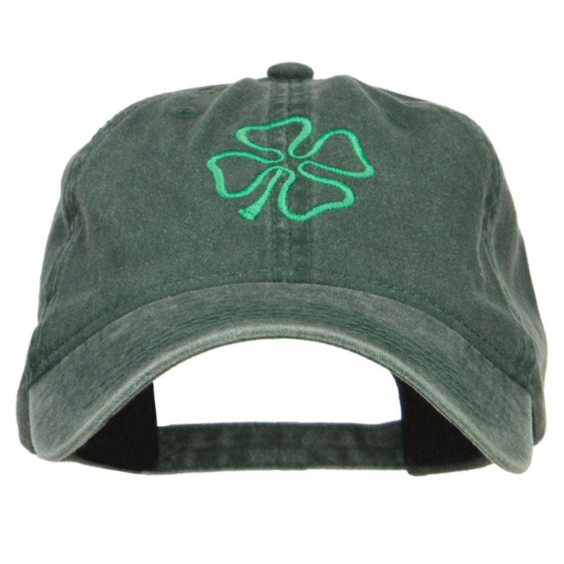 Irish Four Leaf Clover Embroidered Washed Cap Dk Green One Size