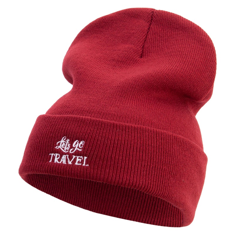 Let’s Go Travel Embroidered 12 Inch Long Knitted Beanie Maroon One Size