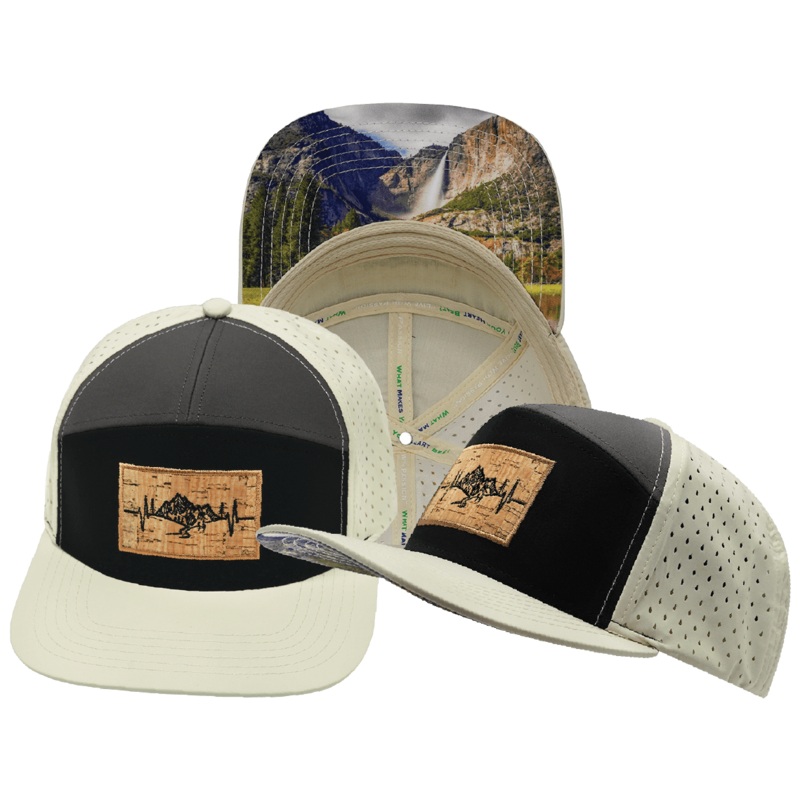 Mountains Hat – Flat Bill – Cream / Black / Charcoal – Laser Mesh