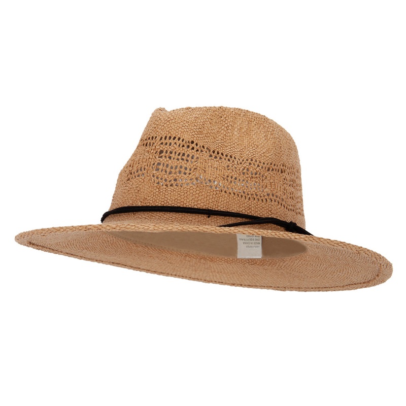 Women’s Paper Open Weave Designed Crown Large Brim Fedora Hat Tan One Size