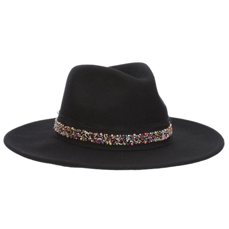 Wool Felt Safari Hat with Colorful Beaded Band – Scala Hat Black Medium (57 cm)