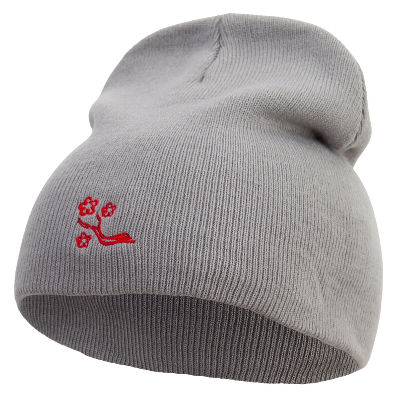 Chinese Plum Tree Illustration Embroidered 8 inch Acrylic Short Beanie Grey One Size