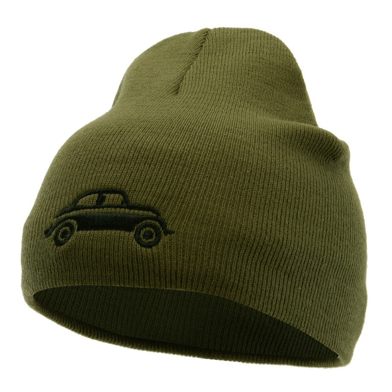 Classic Bug Car Embroidered 8 Inch Knitted Short Beanie Olive One Size