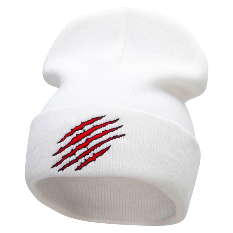 Claw Marks Embroidered 12 Inch Long Knitted Beanie White One Size
