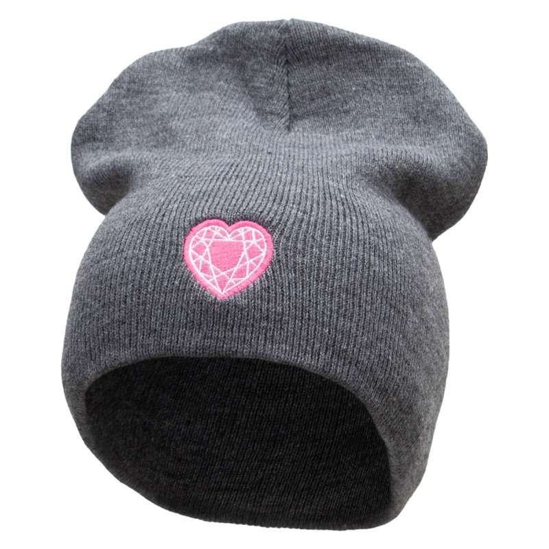 Made in USA Valentine’s Heart Embroidered 8 Inch Solid Knit Short Beanie Charcoal One Size