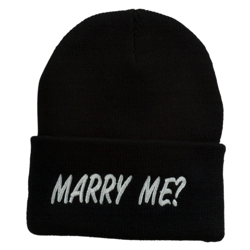 Marry Me Embroidered Long Cuff Beanie Black One Size