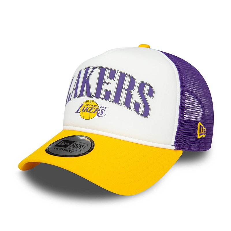New Era L.A. Lakers A-Frame Trucker Cap – NBA Retro – White-Yellow-Purple Adjustable