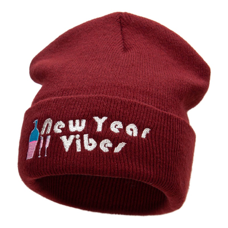 New Year Vibes Embroidered 12 Inch Long Knitted Beanie Maroon One Size