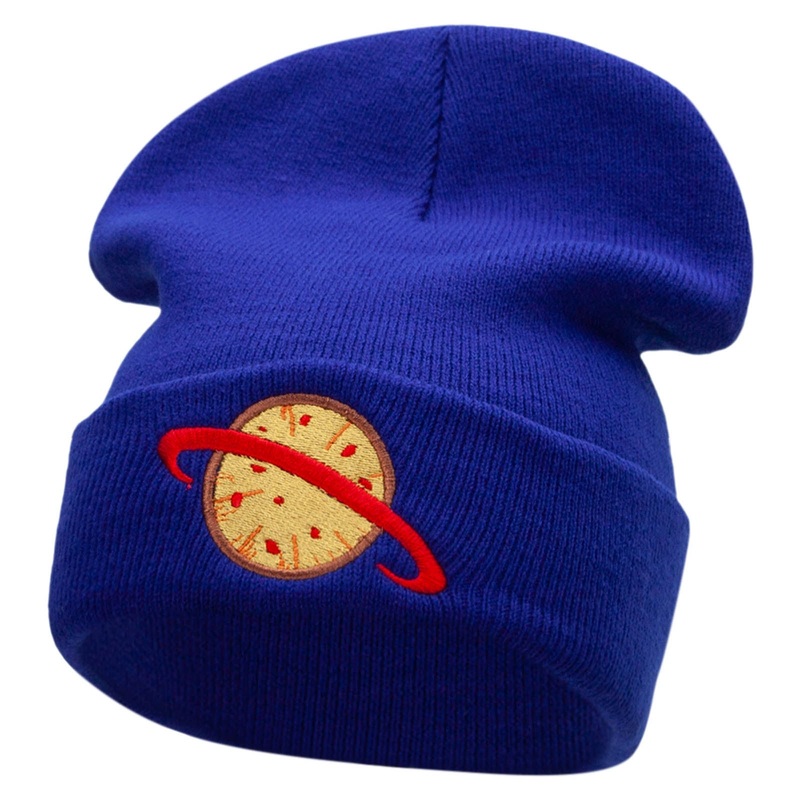 Planet Pizza Embroidered 12 Inch Long Knitted Beanie Royal One Size
