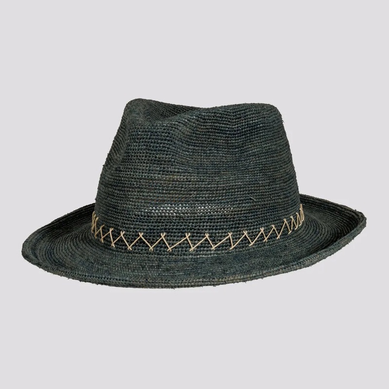 Sicily | Womens Crocheted Raffia Straw Fedora Hat with Stitching Ocean OS